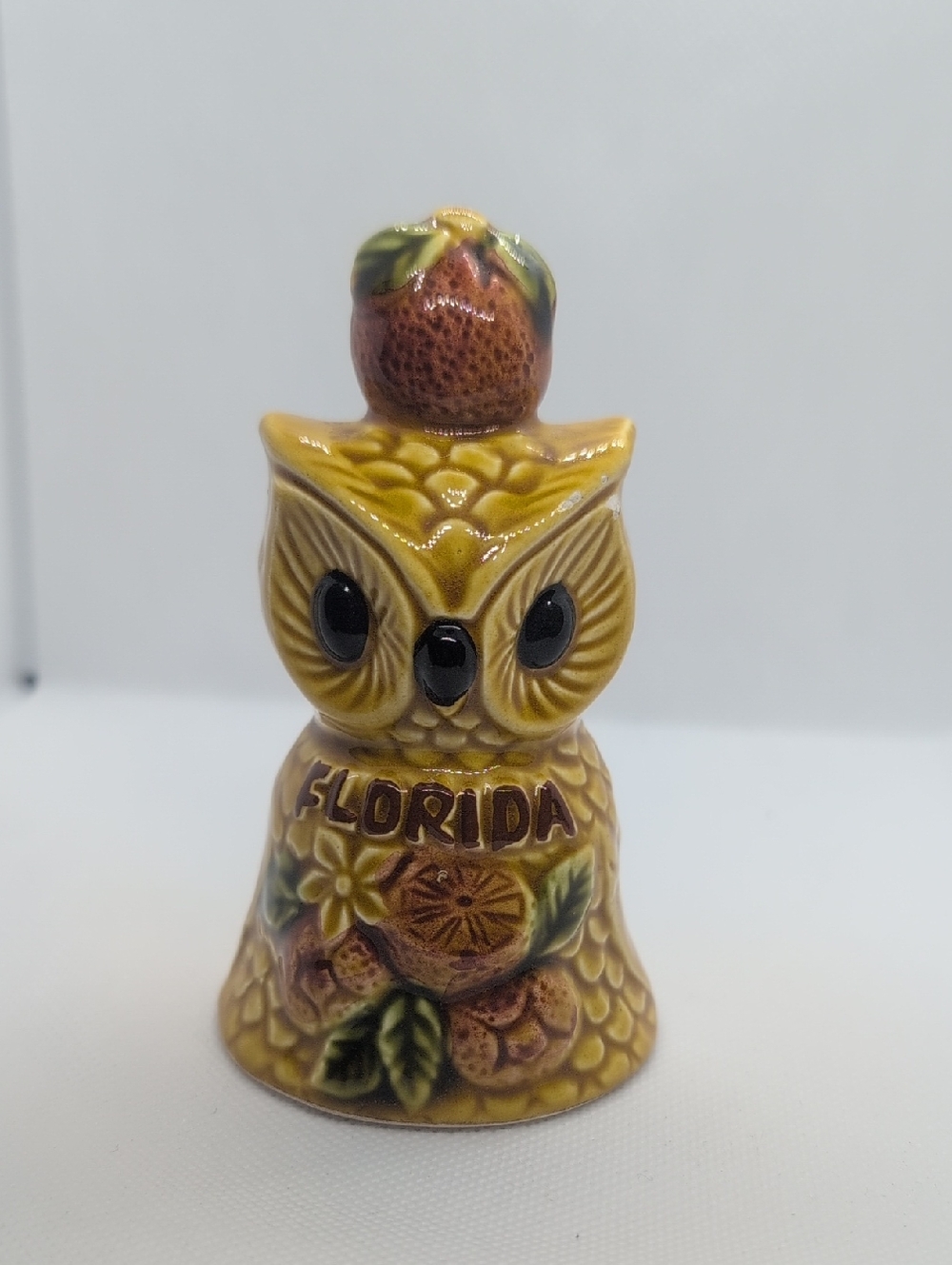 Vintage Florida Owl Figurine - Yellow Ceramic Owl with Orange Accents